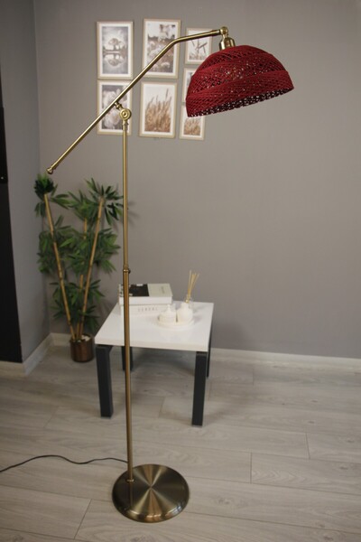 Bamyum Bohem Recycle İplik Jüt El Yapımı Vişne İplik Eskitme F Kol Lambader Hareketli Başlık Zemin Lambası