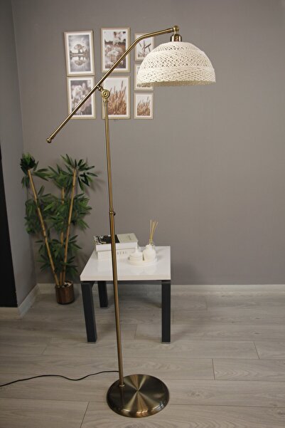 Bamyum Bohem Recycle İplik Jüt El Yapımı Beyaz İplik Eskitme F Kol Lambader Hareketli Başlık Zemin Lambası