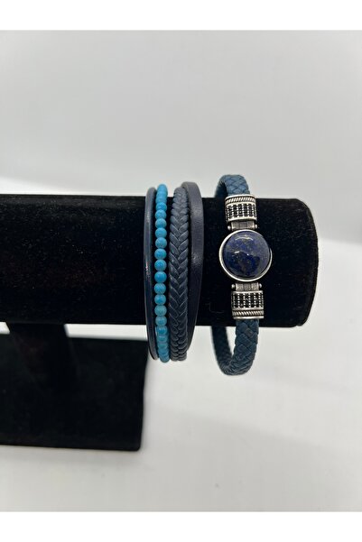 GiftPack سوار رجالي من الجلد باللون الأزرق الداكن وحجر اللازورد الطبيعي بتفاص...
