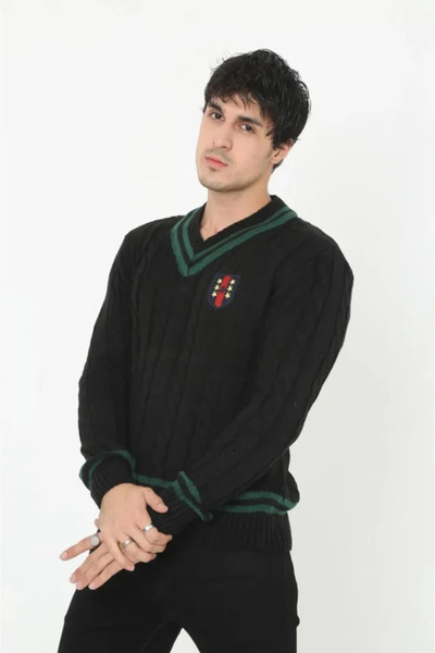 JANES Men's V-Neck Braided Sweater - Black