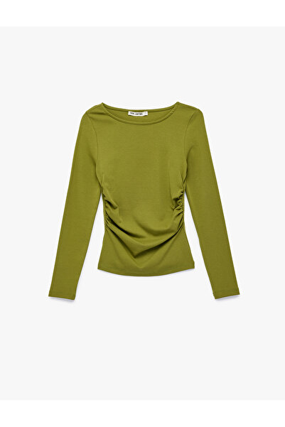 Koton Cotton Slim Fit Boat Neck Draped Long Sleeve T-Shirt