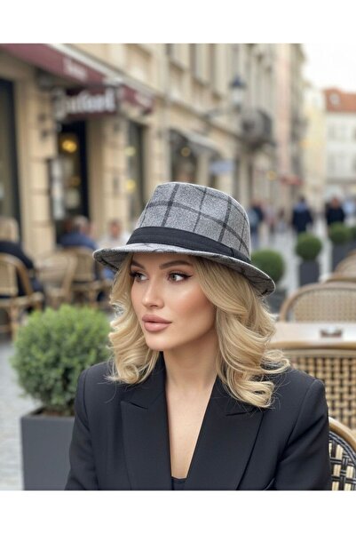 sf collection Women's Houndstooth Patterned Leather Buckle Fedora Hat