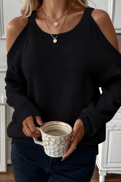 Mossta Open Shoulder Detailed Knit Blouse - Black