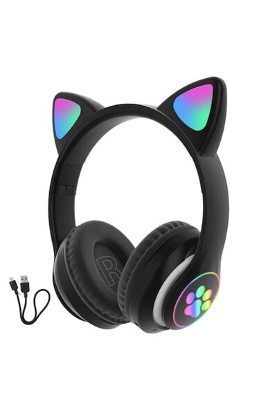 IdealTI Căști wireless pentru copii - Urechi de pisică, Bluetooth 5.0, Pliabi...