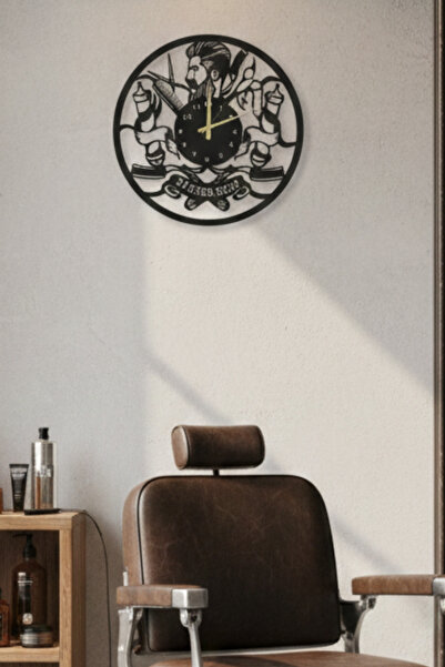 Grandmix Berber Temalı Metal Duvar Saati Kuaför Salonu Dekorasyonu Sessiz Mek...