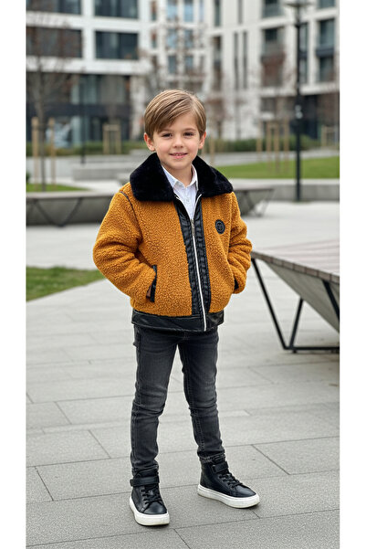 HÇ Hülya Çelik KİDSWEAR 2018 Palton pentru băiat din piele de pluș cu fermoar