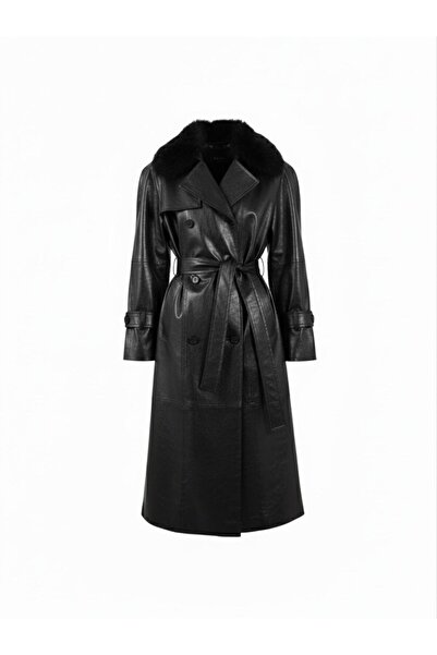 Juste Kürk Yaka Deri Trençkot Siyah