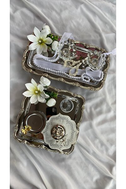 Z&B FLOWERS Nişan Tepsisi Ayaklı Söz Tepsisi Gümüş Renginde Tepsi Damat Kahve...