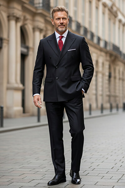 NAZEF Slim Fit Pointed Collar Double Slit Stripes Wool Blend Double-Breasted Black Suit