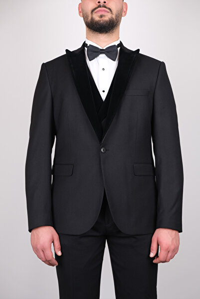 SERKAN SEVİNÇ Slim Fit Erkek Kadife Yaka  Yelekli Smokin