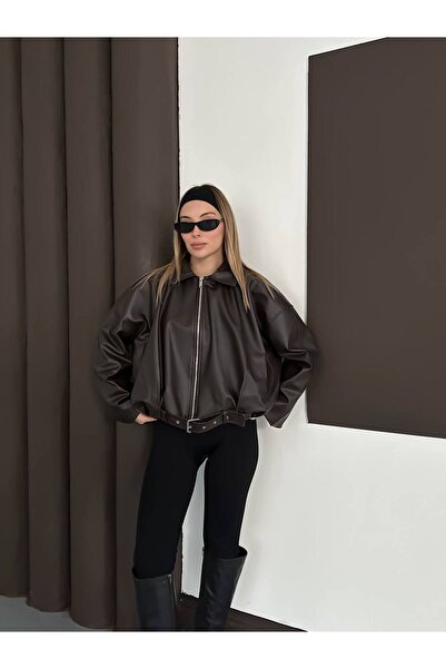 VESS MODA Oversized Lined Bomber Leather Jacket with Belt Detail