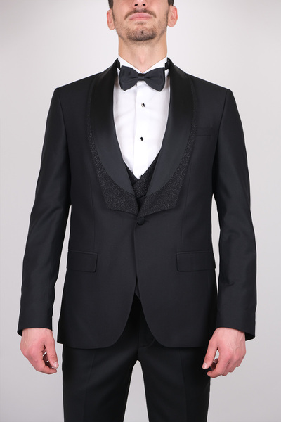 SERKAN SEVİNÇ Slim Fit Erkek Simli Şal Yaka Yelekli Smokin