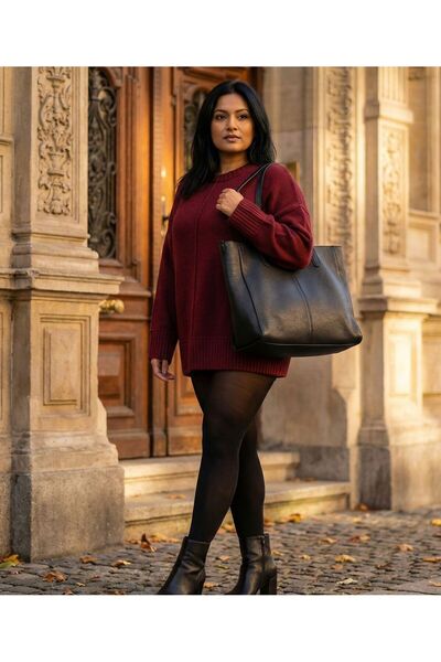 LWL سترة تريكو نسائية فضفاضة بياقة دائرية وتفاصيل خياطة باللون العنابي قصة فض...