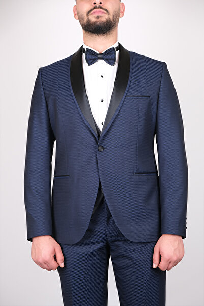 SERKAN SEVİNÇ Slim Fit Erkek Saten Şal Yaka Armürlü Smokin