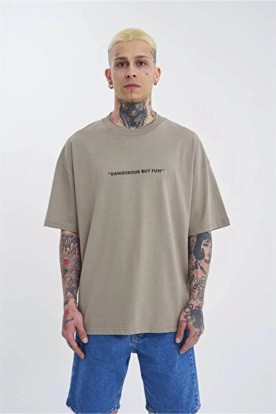 Machinist Unisex Oversized Dangerous but Fun Printed Cotton T-Shirt Khaki