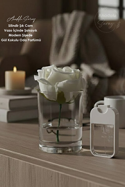 Anadolu Saray Silindir Şık Cam Vazo İçinde Şakayık ve Modern Şişede Gül Kokul...