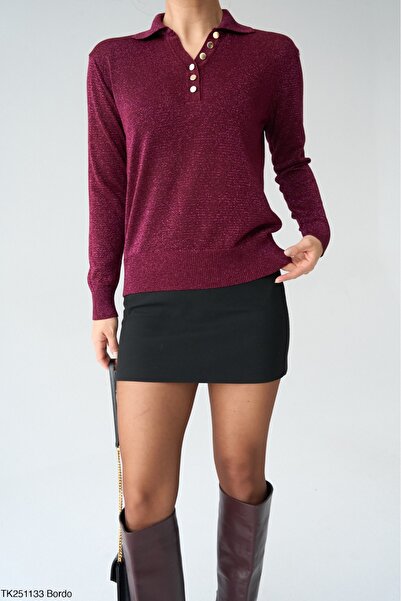 Lupies Women's Burgundy Polo Neck Glitter Long Sleeve Sweater