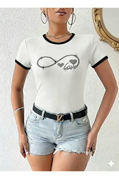 YUSUF CAN KARATAŞ KARATAŞ GİYİM Women's White Color Crew Neck Basic Slim Fit Short Sleeve Body Full Stretch Fabric Full Fit Length 55Cms