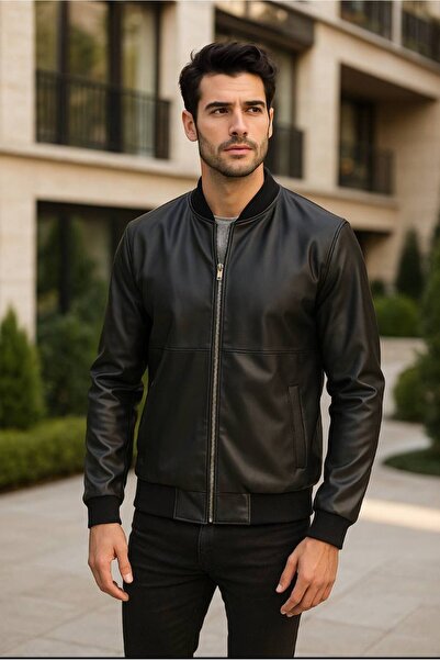 BASEL.CO قصة ضيقة سترة جلدية من Bomber College