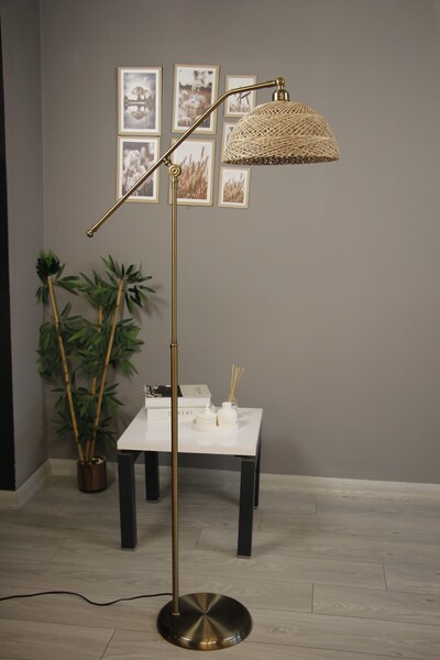 Bamyum Bohem Recycle İplik Jüt El Yapımı Sütlü Kahve İplik Eskitme F Kol Hareketli Başlık Zemin Lambası