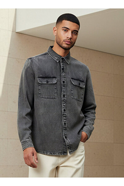 Lee Cooper قميص رجالي من قماش الدنيم ريف، بقصة عادية، وياقة، وأكمام طويلة