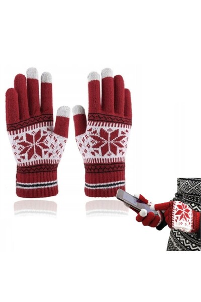 zola Warm winter gloves, knitted, universal, phone use, snowflake pattern, red/white