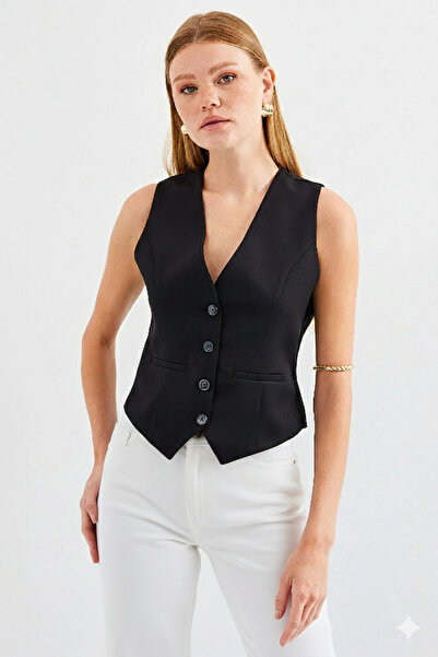 ribana Women's Double-Breasted Cut Slim Fit V-Neck Button Detailed Vest