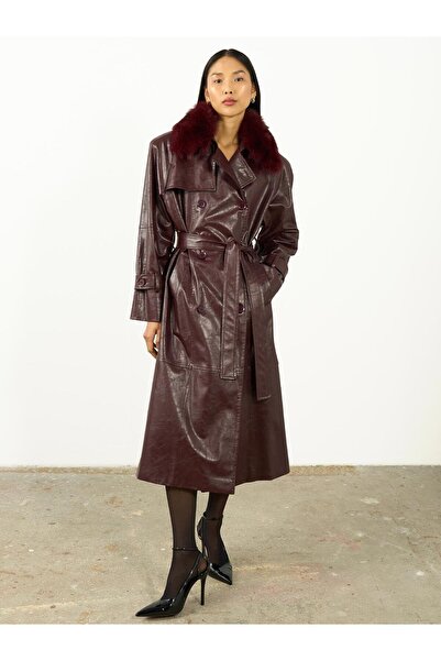 Juste Kürk Yaka Deri Trençkot Bordo