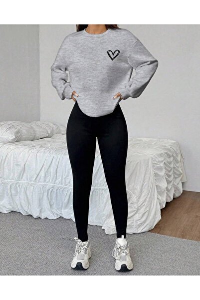 Ordorin Kalp Baskılı Kadın Tayt Sweatshirt Takım