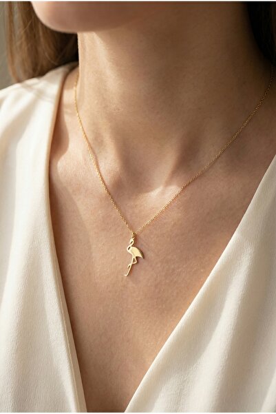 neshely jewelry 925 Ayar Gümüş Flamingo Detaylı 14 Ayar Altın Kaplama Gold Rengi Gümüş Kolye