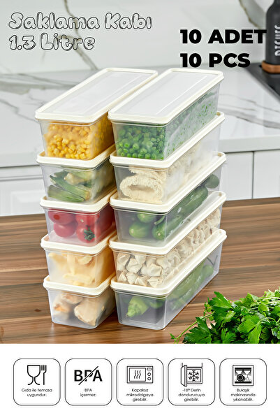 Mefa Mutfak Refrigerator Organizer Storage Container Suitable for Microwave and Freezer Set of 10 - 1.3 Lt / Cream