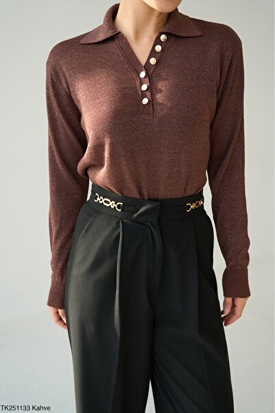 Lupies Women's Burgundy Polo Neck Glitter Long Sleeve Sweater