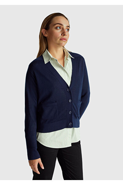 United Colors of Benetton Women's Navy Blue 100% Wool Buttoned V-Neck Cardigan with Front Pocket Detail