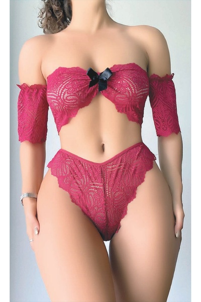 SİERNA Set triplu cu detaliu de dantelă pe umăr – Design modern roșu