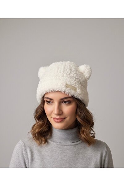 Şirin Giyim Aksesuar Ayıcık Şapka Kadın Ayı - Ekru Kulaklı Kışlık Bere Hayvan...