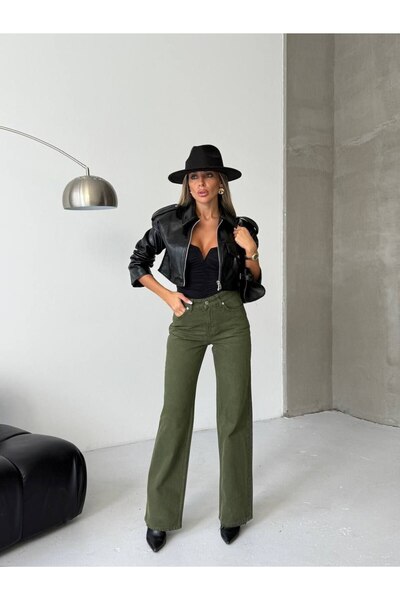 HerTon Kadın Haki Yüksek Bel Geniş Paça Denim Pantolon