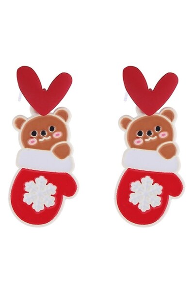 VeeShop Christmas earrings - red mittens with snowflakes, teddy bears and hea...