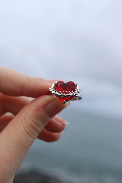 Harlofia Jewelry خاتم ذو شوكة قابل للتعديل على شكل قلب أحمر