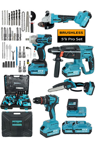 Pro Müller Alman Pro Seri Kömürsüz 5'Lİ Set Kırıcı Delici-Darbeli Matkap-Taşlama-Somun Sıkma Sökme-Dal Budama