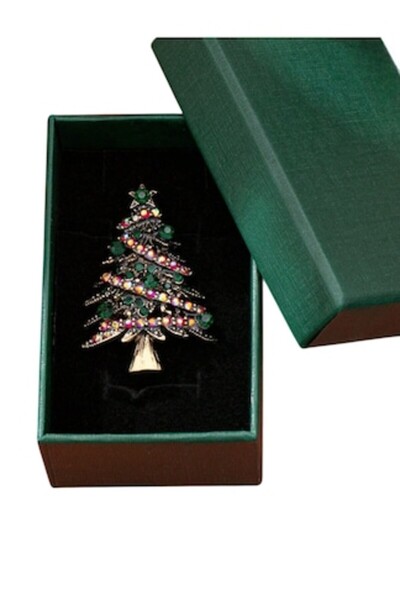 The Casius. Broșă vintage pentru brad de Crăciun cu pietre, cutie cadou, verde și auriu - Casius