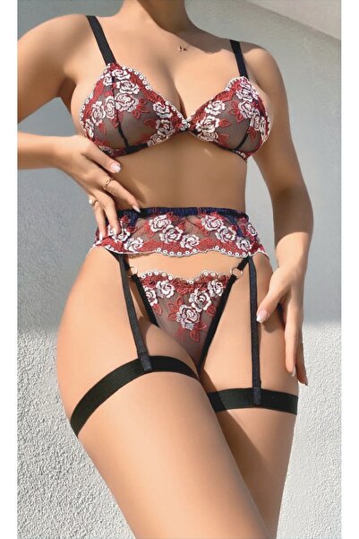 MODA YILDIZ Σετ τριών τεμαχίων με λουλουδάτο σχέδιο – Μοντέρνο σετ με δαντέλα και κορδόνια