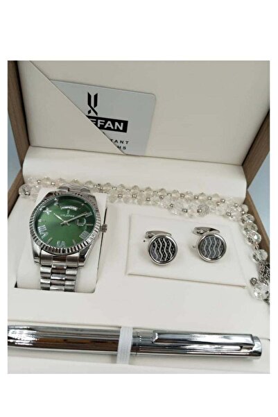 LV LEFAN طقم هدايا ساعة رجالية أنيقة وعالية الجودة مع سوار فضي ومينا أخضر وعرض للتاريخ