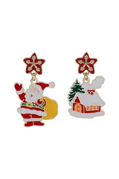 VeeShop Асиметрични коледни обеци - Снежна къща, Дядо Коледа с чувал и червен...