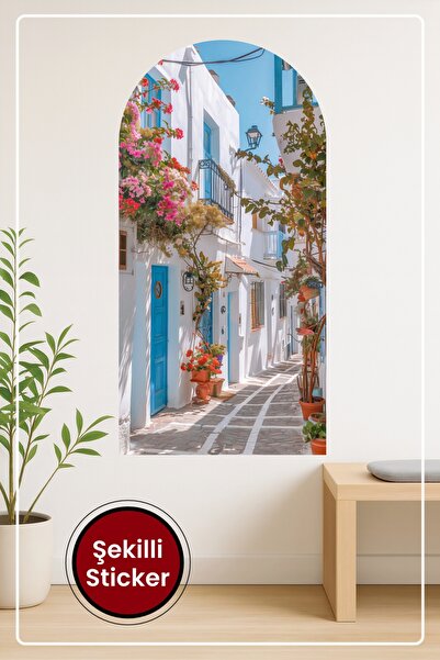 KOSS Dijital Oval Şekilli Akdeniz Sokak Sticker Mavi Beyaz Tonlarda Çiçekli M...