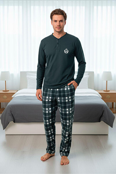 SEBOTEKS طقم بيجامة رجالي من الصوف بنقشة مربعات مع جيوب 660