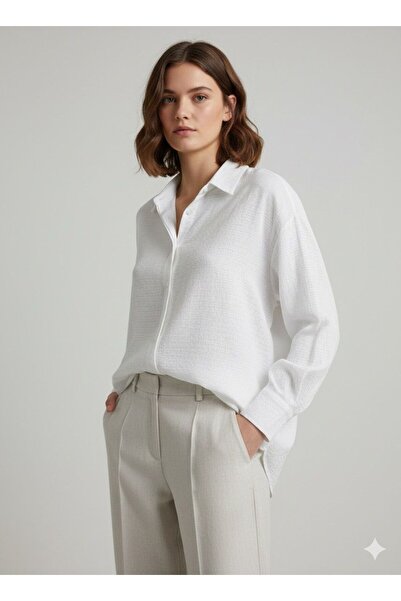 Meşe Moda Beyaz Dokulu Kadın Gömlek