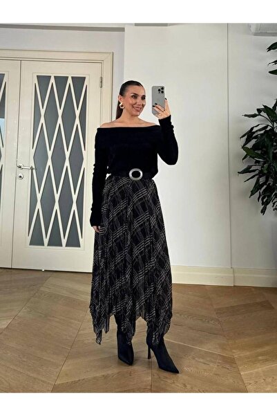 Betül Nayir Καρό Φούστα Ασύμμετρης Κοπής -Μαύρη