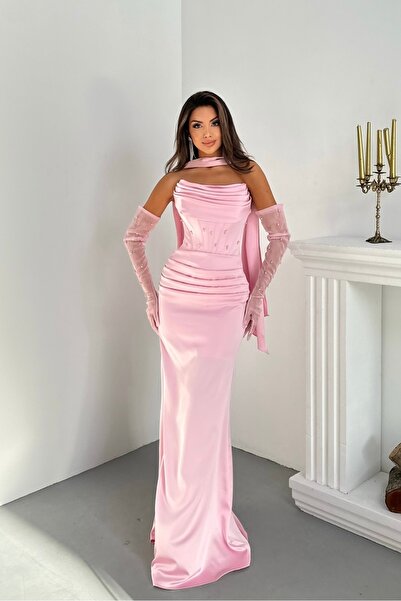 İyem Abiye İncili Şallı Ve Eldivenli Şık Saten Tasarım Abiye Elbise Dar Kalıp