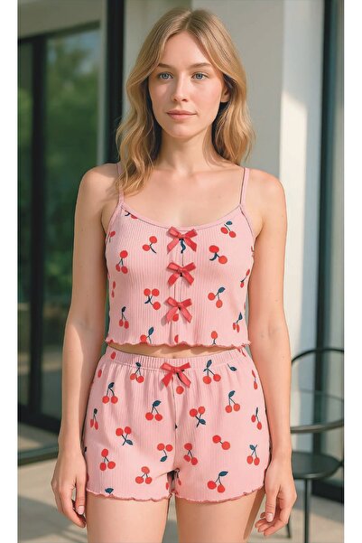 MODA YILDIZ Σετ με σορτς με σχέδιο κερασιού – Ελαφρύ καλοκαιρινό σετ με λουράκια