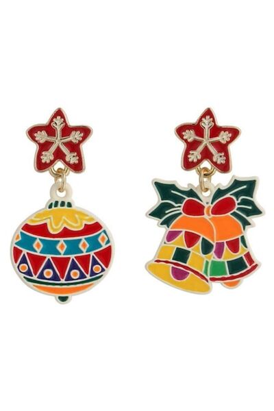 VeeShop Многоцветни асиметрични коледни обеци - глобус, камбанки и червени зв...